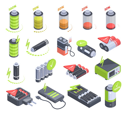 Isometric battery, accumulators and chargers indicators. Energy power detectors, low battery, charging levels icons 3d vector illustration set. Electricity charging elements