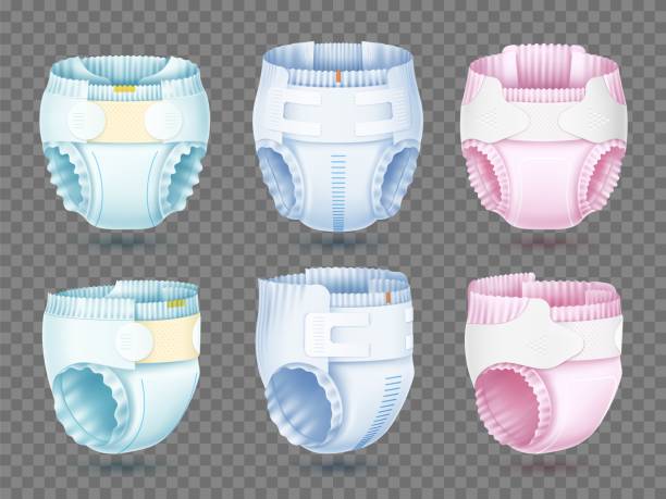 ilustrações de stock, clip art, desenhos animados e ícones de realistic baby diapers. absorbent cotton accessory angle view 3d isolated, different types, mounts and colors, new born body care, newborn hygiene, comfort and breathable, utter vector set - mount pore