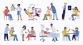 istock Patient examination. People at reception of different doctors, hospital equipment, medical consultation, diseases treatment, ophthalmologist, traumatologist and dentist, tidy vector set 1441200672