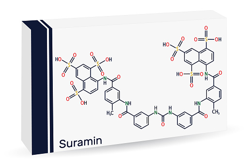 Suramin drug molecule. It is used to treat African sleeping sickness and river blindness. Skeletal chemical formula. Paper packaging for drugs. Vector illustration