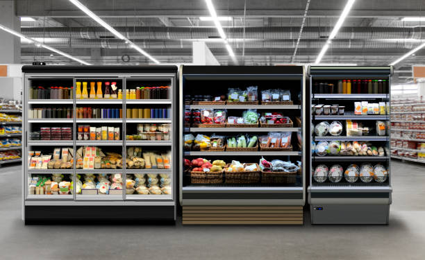 Fridges at supermarket Fridges in supermarket with brandless packagings and bottles of juice, coffee, energy drink, water, smoothy, salad, puree. Mock-up, 3D illustration. Suitable for presenting new packagings, box, labels designs, among many others. aisle stock pictures, royalty-free photos & images