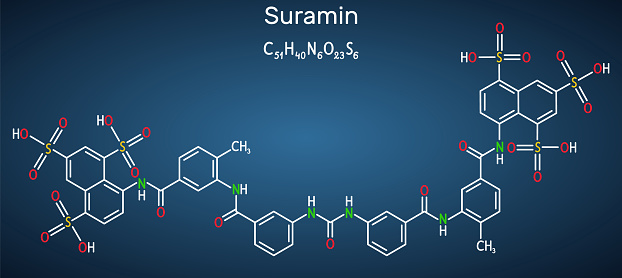 Suramin drug molecule. It is used to treat African sleeping sickness and river blindness. Structural chemical formula on the dark blue background. Vector illustration