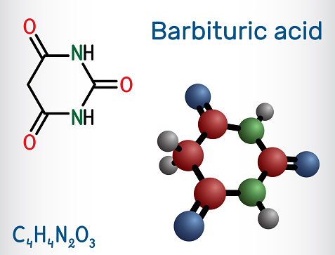 Barbituric acid, malonylurea or 6-hydroxyuracil molecule. It is parent compound of barbiturate drugs. Structural chemical formula and molecule model. Vector illustration