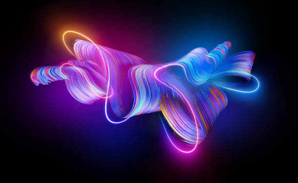 3d render. Abstract folded ribbon glowing with pink blue neon light. Creative brushstroke, fashion wallpaper with curvy lines