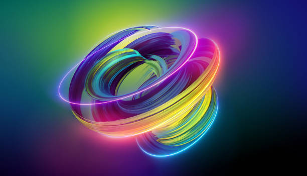 istock 3d rendering. Abstract twisted brushstroke glowing with colorful neon light. Creative wallpaper 1441201484