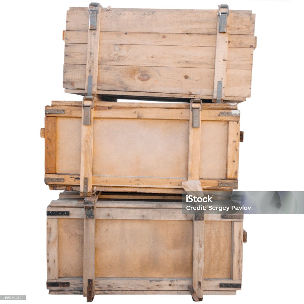 three old wooden crates with latches three old wooden boxes made of boards and thick plywood with latches isolated on a white background Antique Stock Photo