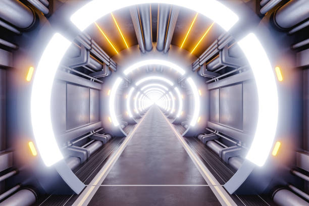 istock Illuminated hallway of futuristic spaceship. 3d render 1441202762
