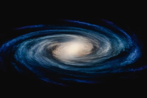3D illustration of spiral galaxy with shiny stars swirling against black background of space