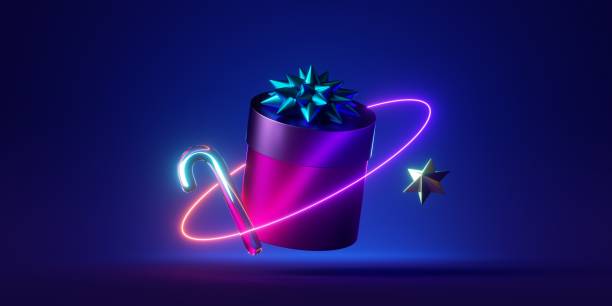 istock 3d rendering, Christmas wallpaper. Gift boxes and festive ornaments illuminated with neon light. New Year background 1441203167