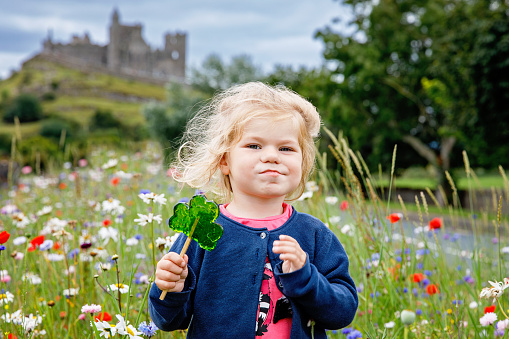 Cute toddler girl with Irish cloverleaf lollipop with Rock of Cashel castle on background. Happy healthy child on flower meadow eating unhealthy sweets. Family and small children vacations in Ireland.