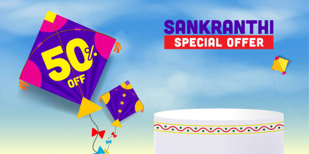 illustrazioni stock, clip art, cartoni animati e icone di tendenza di offerta speciale sankranti sul podio dei prodotti kite. aquiloni sankranti che volano nel cielo - kollam