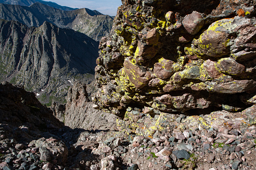 Looking down the steep climbing route of Crestone Needle Peak, Colorado.