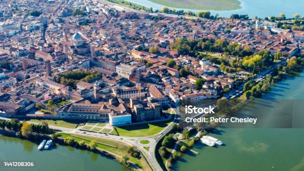A Drone Image Of The City Of Mantova Aka Mantua Italy Surrounded By A River From Above Stock Photo - Download Image Now