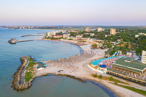 Aerial view of beach and rezort in the morning, Black Sea resort