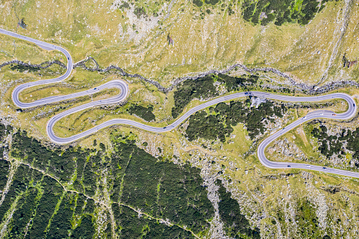 Above view of summer mountain road, the most spectacular mountain road from Romania, TRansfagarasan road in summer
