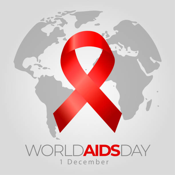 Vector in square format of a red ribbon, symbol of world aids day on the world map. december 1st hiv day Vector in square format of a red ribbon, symbol of world aids day on the world map. december 1st hiv day world aids day stock illustrations