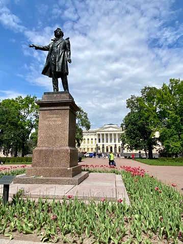 Saint Petersburg, Russia - June 5, 2022: The State Russian Museum, showing the biggest collection of old Russian Art. Monument to Alexander Pushkin,  by sculptor M.Anikushin and architect V. Petrov