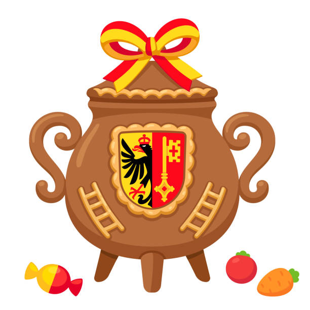 L'Escalade festival in Geneva Fête de L'Escalade traditional festival in Geneva, Switzerland. Chocolate cauldron with marzipan and candy. Cartoon vector clip art illustration. swiss culture chocolate chocolate candy flag stock illustrations
