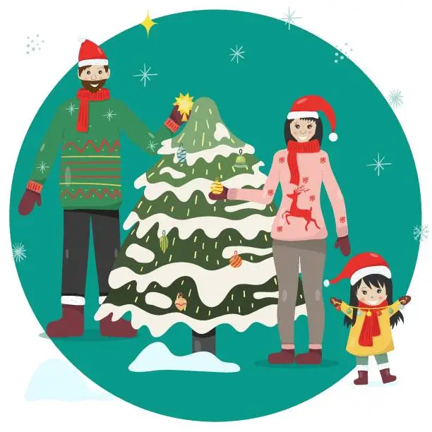 Vector illustration of Happy smiling family decorating Christmas tree.