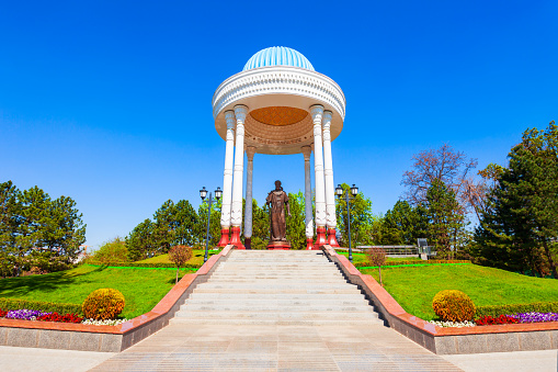 Tashkent, Uzbekistan - April 11, 2021: Alisher Navoiy monument in the centre of Tashkent city in Uzbekistan