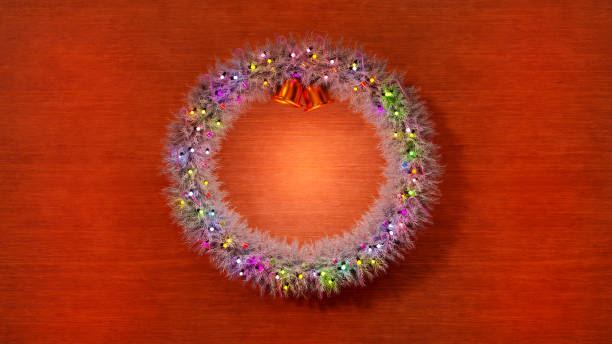 Christmas wreath decorated with light garlands, candy canes and gift boxes. Festive wreath with Christmas tree toys, copy space. Christmas Greeting Card, 3D rendering