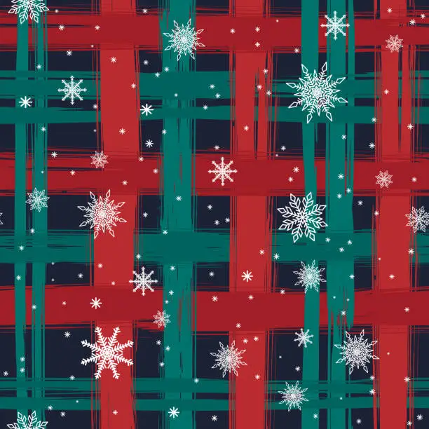 Vector illustration of Snowflakes on the background of a checkered pattern in red and green cells. Abstract Christmas checkered pattern of brush strokes. Seamless pattern. Suitable for wrapping paper and textiles.