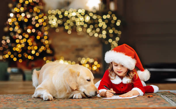 un bambino scrive una lettera per babbo natale vicino a un suo cane preferito. festival decorato albero di natale e camino in camera. - golden retriever friendship white small foto e immagini stock