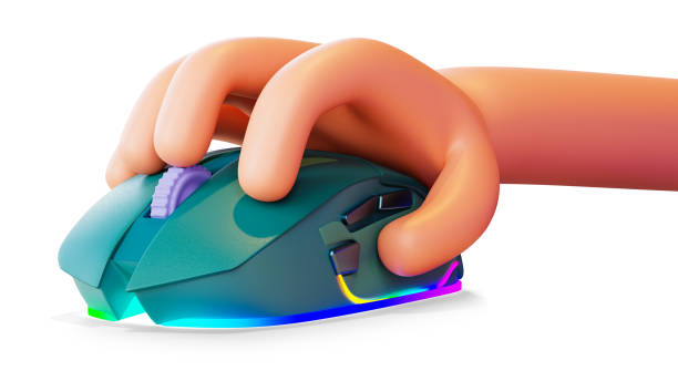 istock Computer mouse and hand, 3d render. Cartoon character holding a computer mouse, close-up. Modern gaming accessories, isolated on a white background 1441217578