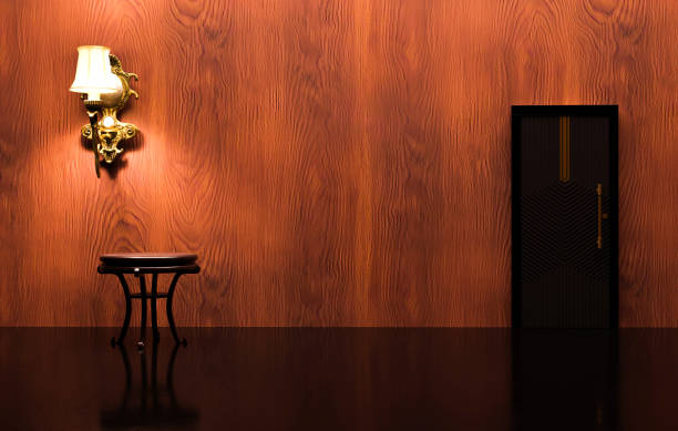 istock Luxury interior design, wooden back wall, dark beige marble floor and decorative side table. 1441218817