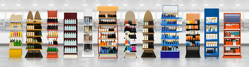 Sun cream point of sale rack. sun lotion, creams and oil products on Rack shelf at skincare store. Suitable for presenting new skincare products, new designs or labels.