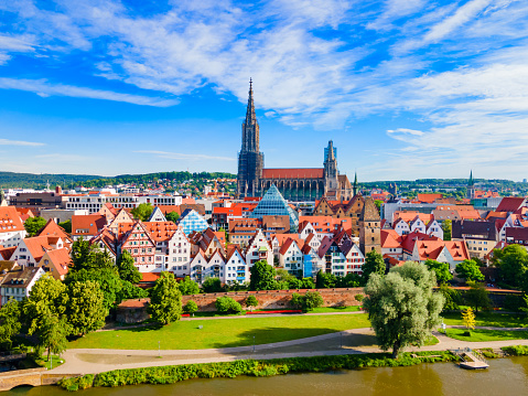 Ulm Minster or Ulmer Munster Cathedral aerial panoramic view, a Lutheran church located in Ulm, Germany. It is currently the tallest church in the world.