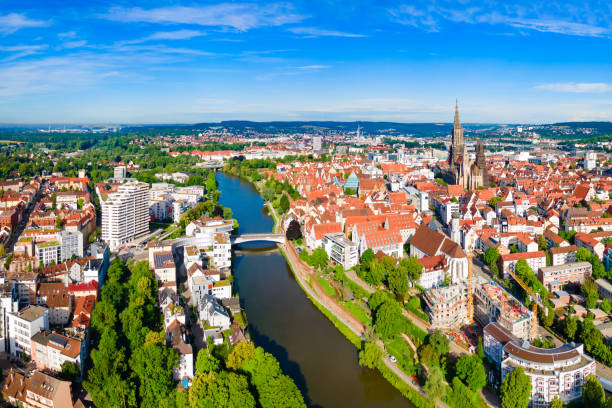 Ulm Minster or Ulmer Munster aerial panoramic view, a Lutheran church located in Ulm, Germany. It is currently the tallest church in the world.