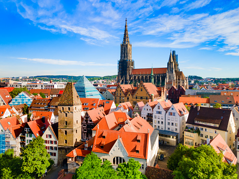 Metzgerturm Tower and Ulm Minster or Ulmer Munster Cathedral, a Lutheran church located in Ulm, Germany. It is currently the tallest church in the world.