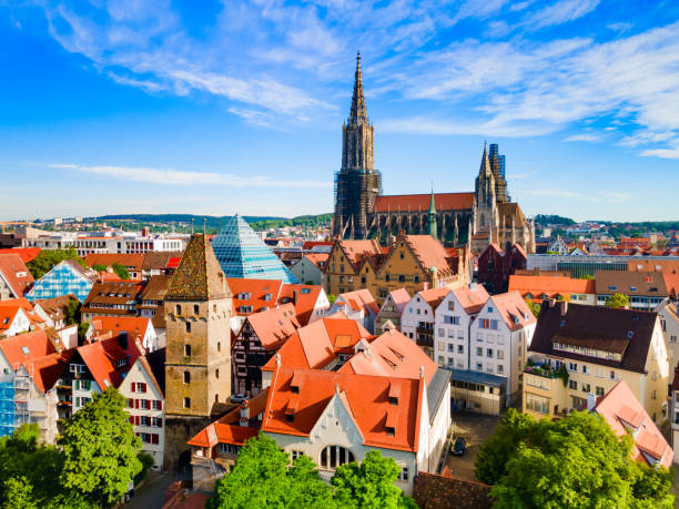 Ulm Minster Church aerial panoramic view, Germany Metzgerturm Tower and Ulm Minster or Ulmer Munster Cathedral, a Lutheran church located in Ulm, Germany. It is currently the tallest church in the world. ulm germany stock pictures, royalty-free photos & images