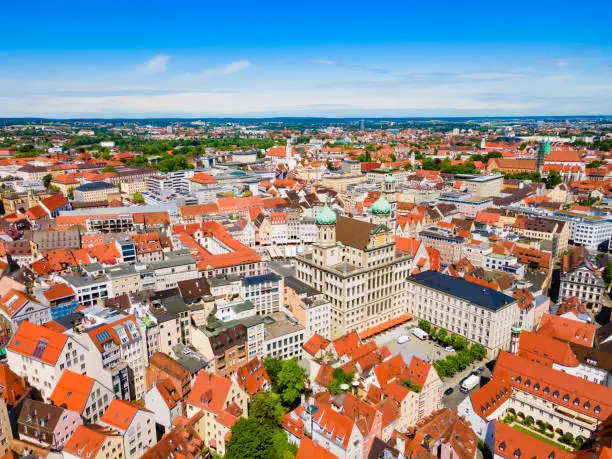 Augsburg Town Hall or Rathaus and Perlachturm Tower in Rathausplatz square aerial panoramic view. Augsburg is a city in Swabia, Bavaria region of Germany.