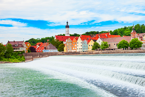 Lech river weir in Landsberg am Lech, a town in southwest Bavaria, Germany