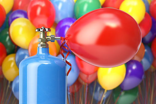 Helium tank  with compressed  helium inflating colored balloons for celebration or party. 3d illustration