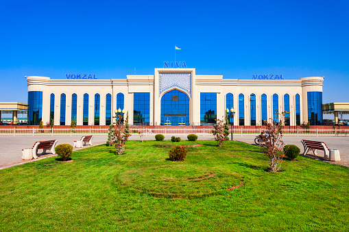 Khiva, Uzbekistan - April 15, 2021: Xiva Vokzal building is the main passenger railway station in Khiva city, Uzbekistan