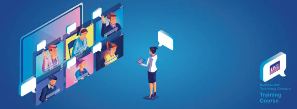 Virtual event People use Video conference landing Working Businessman on window screen taking with colleagues. Videoconferencing and online meeting workspace page, man and woman learning Vector, Flat evento virtual las personas utilizan el aterrizaje de videoconferencia working businessman en la pantalla de la ventana con colegas. videoconferencia y página del espacio de trabajo de reuniones en línea, de aprendizaje hombre y mujer, plano