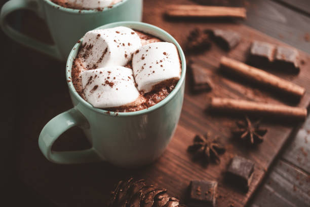 istock Hot chocolate drink with marshmallow in a cup on wooden board, dark background 1441231092