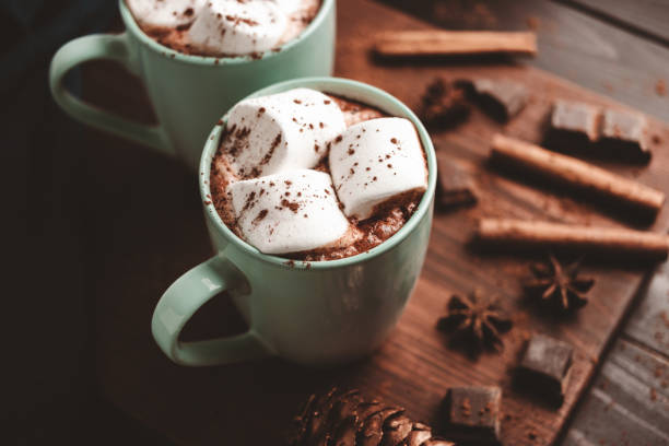 istock Hot chocolate drink with marshmallow in a cup on wooden board, dark background 1441231118