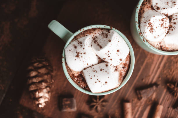 istock Hot chocolate drink with marshmallow in a cup on wooden board, dark background 1441231121