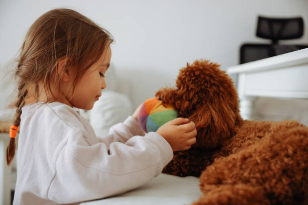 istock Little girl playing with dog 1441231166