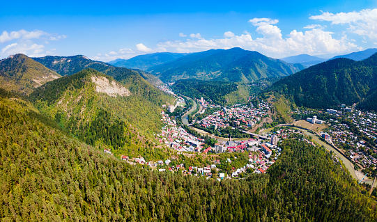 Borjomi aerial panoramic view. Borjomi is a resort town in Samtskhe Javakheti region of Georgia.