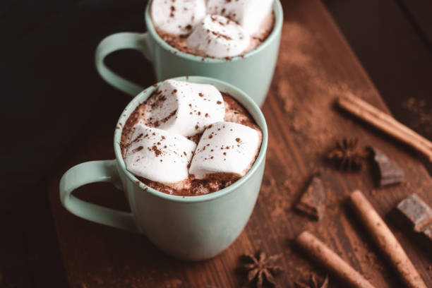 istock Hot chocolate drink with marshmallow in a cup on wooden board, dark background 1441231252