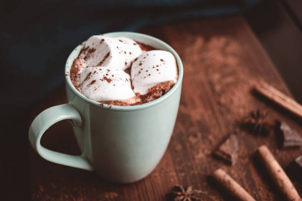 istock Hot chocolate drink with marshmallow in a cup on wooden board, dark background 1441231298