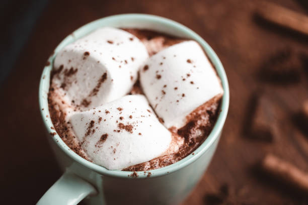 istock Hot chocolate drink with marshmallow in a cup on wooden board, dark background 1441231310