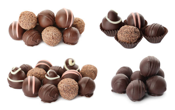 Set with delicious sweet chocolate truffles on white background Set with delicious sweet chocolate truffles on white background chocolate truffle stock pictures, royalty-free photos & images