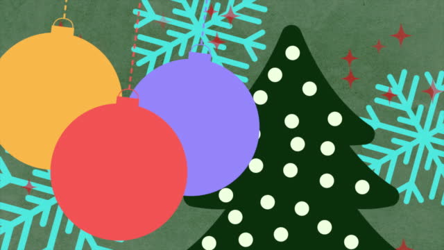 Colorful bells on and Christmas tree on cartoon background