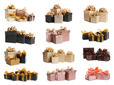 3D cube gift box element set isolated on white background. Four white gift boxes with red bows and ribbons in different angles. 3d rendered illustration